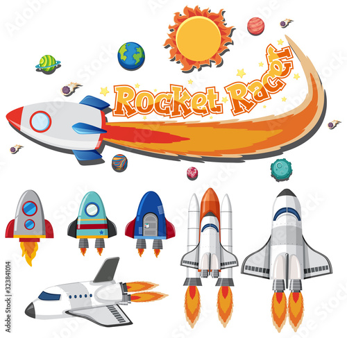 Set of spaceship and rocket racer on white background