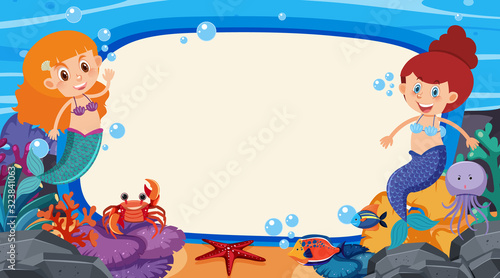 Frame design template with mermaid and fish in background