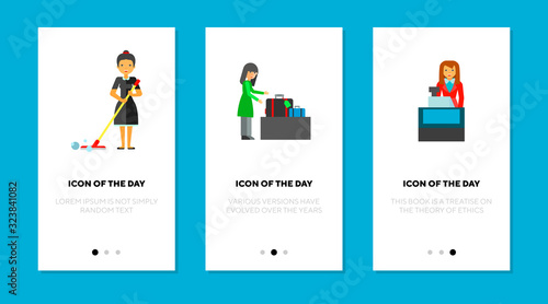 Service provision flat icon set. Job, client, customer isolated vector sign pack. Occupation and work concept. Vector illustration symbol elements for web design and apps