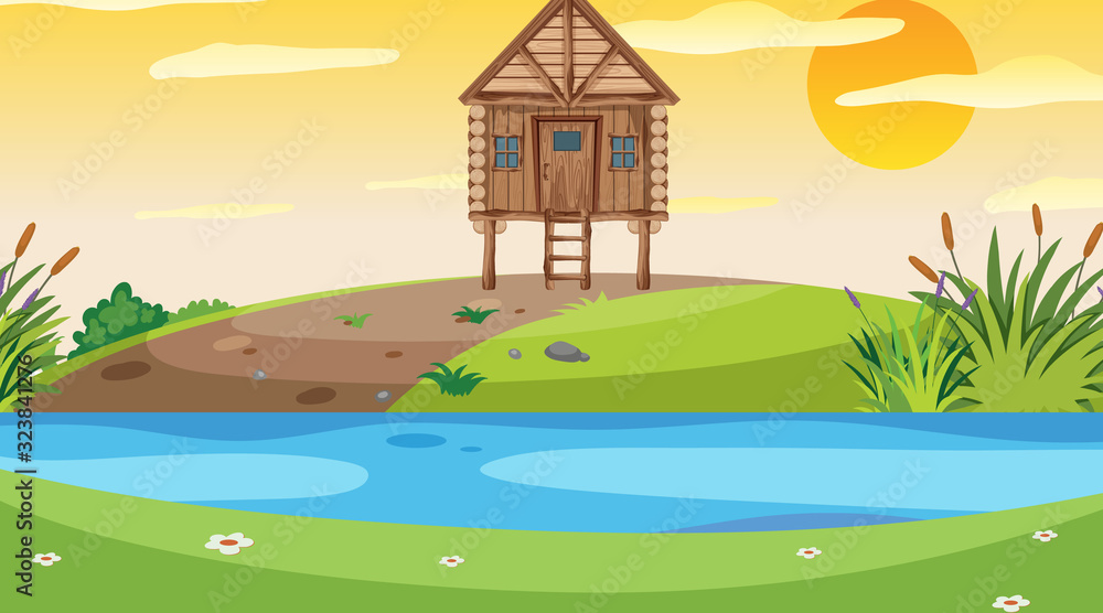 Fototapeta premium Scene with wooden cottage in the field