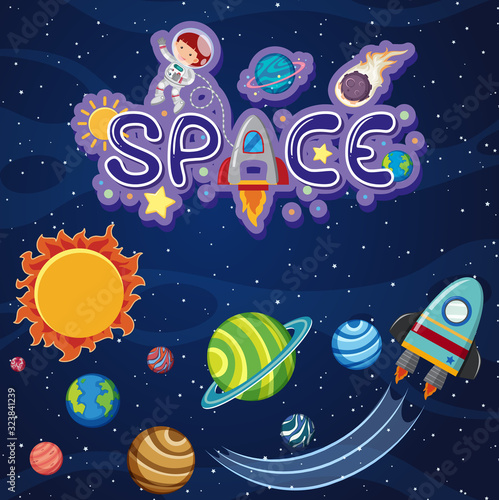 Background theme of space with spaceship and solar system
