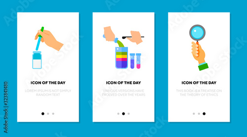 Lab analyses flat icon set. Reagent, study, science isolated vector sign pack. Exploration and research concept. Vector illustration symbol elements for web design and apps