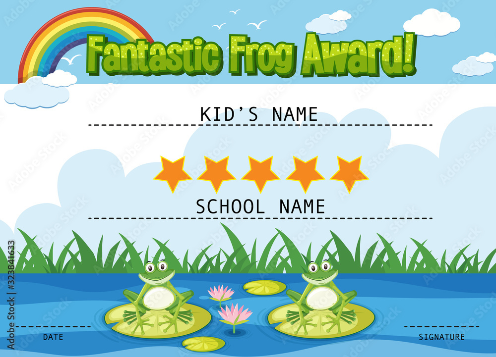 Certificate template for fantastic award with frogs in the pond