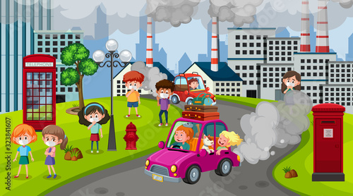 Scene with cars and factory buildings making dirty smoke in the city © brgfx