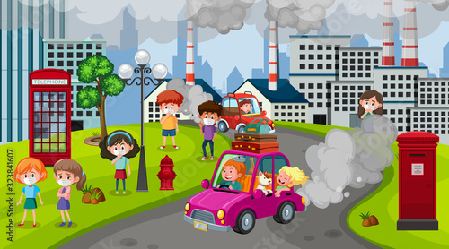 Scene with cars and factory buildings making dirty smoke in the city