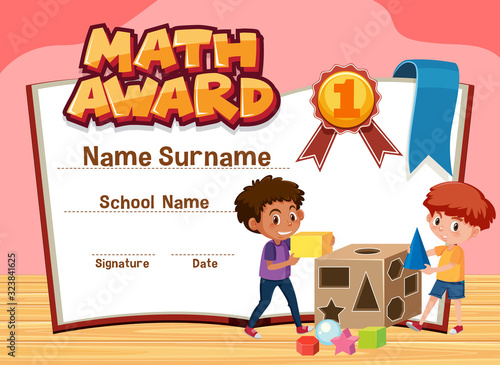 Certificate template for math award with boys playing blocks
