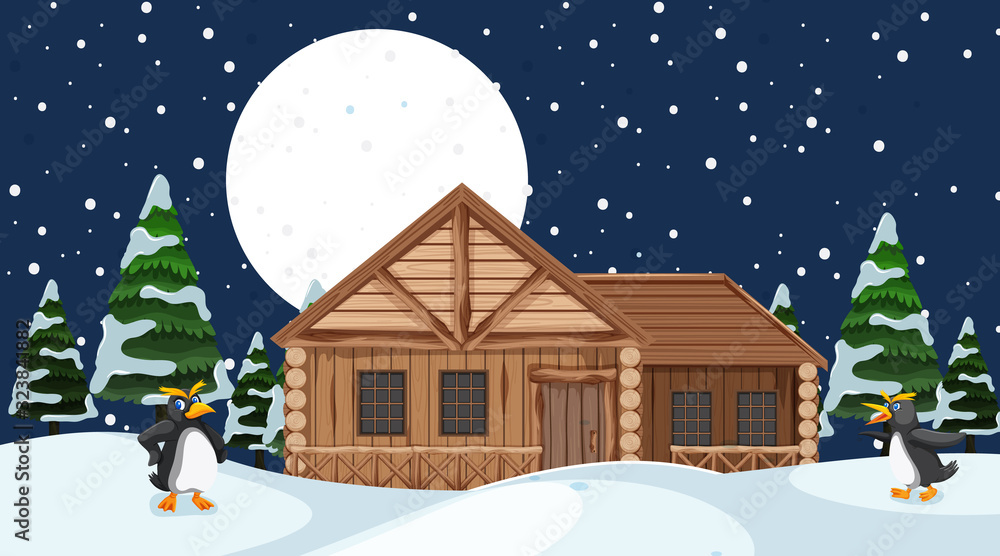 Fototapeta premium Scene with wooden house on the snow field
