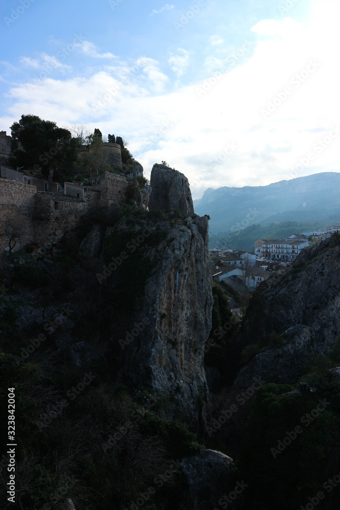 View to San Jose castle on the rock in the evening, Castell de Guadalest, Spain
