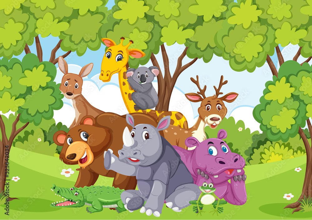 Fototapeta Scene with many wild animals in the park