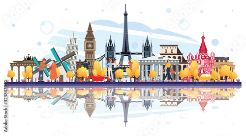 Famous Landmarks in Europe with Reflections Isolated on White.