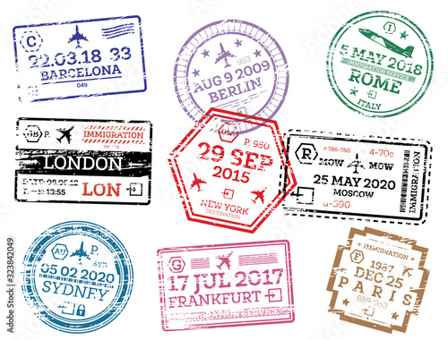 Collection of Passport Stamps Isolated on White.