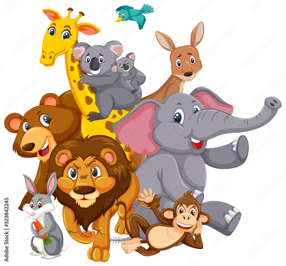 Many wild animals with happy face on white background