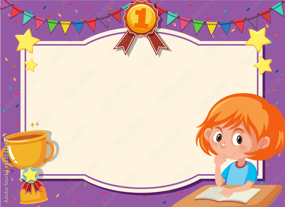Banner template with happy girl sitting at the table