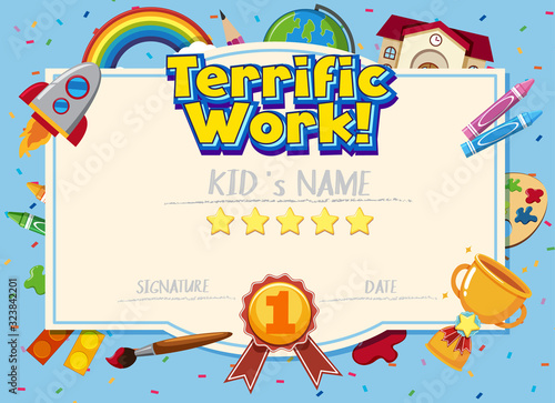 Certificate template for terrific work with school and equipments in background