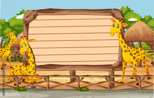 Wooden sign template with giraffes in the park