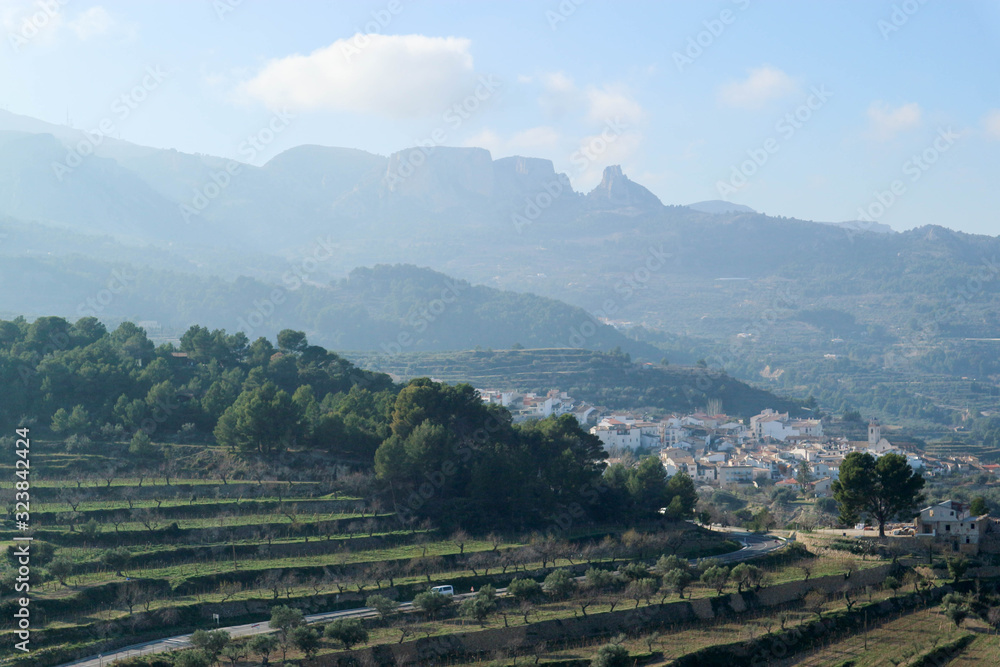 aerial view from the castle to the beautiful landscape with terraces in Castell de Guadalest, Spain