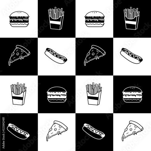 Set of fast food isolated vector line art illustration black and white, hamberger, hotdog, french fries, pizza cartoon icon