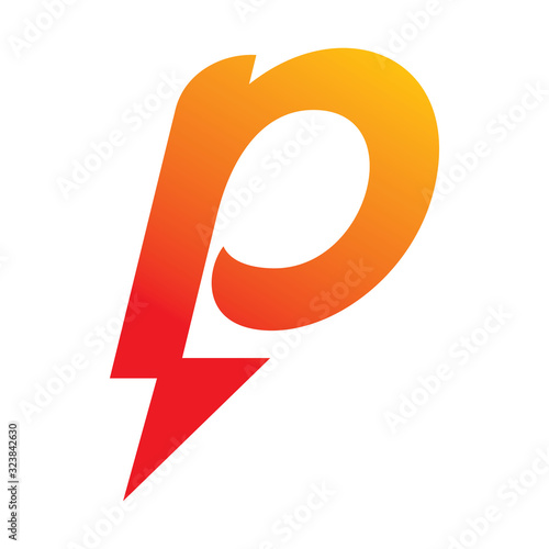 bright red color electric lightning letter p logo design