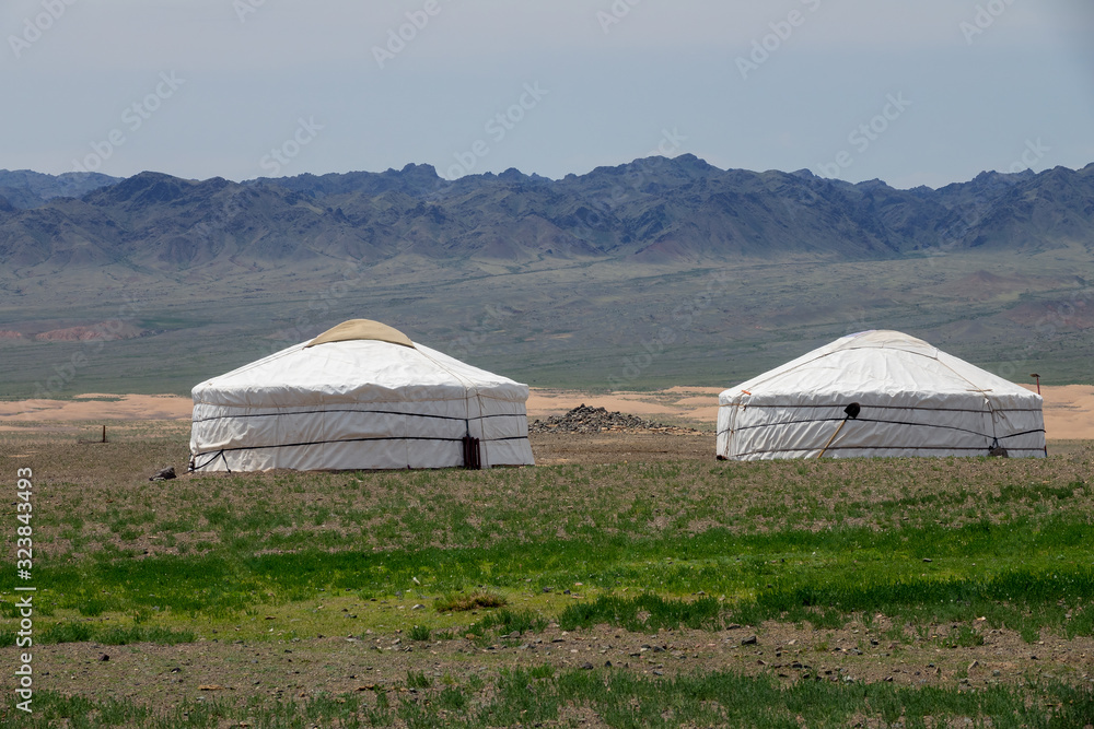 Traditional yurts and montains in Mongolia