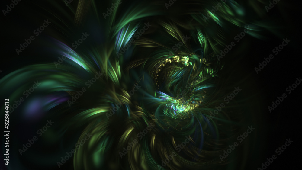 Obraz premium Abstract green and blue glowing shapes. Fantasy light background. Digital fractal art. 3d rendering.