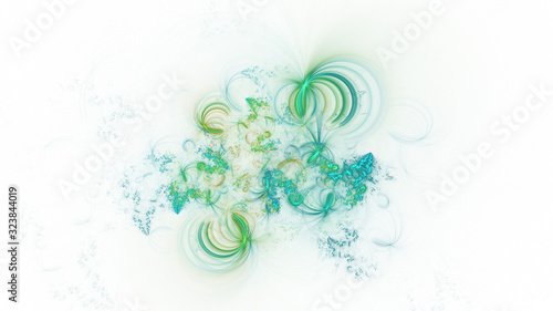 Abstract green and blue glowing shapes. Fantasy light background. Digital fractal art. 3d rendering.