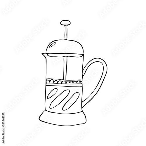Hand drawn French press isolated on white background vector illustration. Tea and coffee maker.