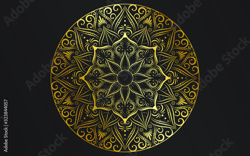 Circle pattern petal flower of mandala with gold color,Vector floral mandala patterns unique design with black background,Hand drawn pattern