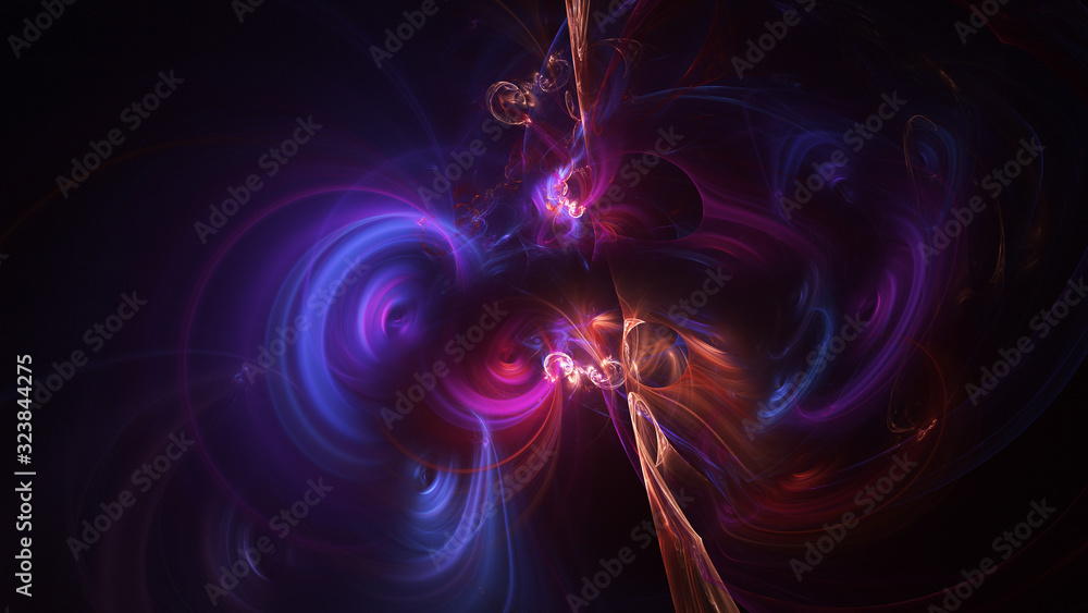 Abstract blue and purple glowing shapes. Fantasy light background. Digital fractal art. 3d rendering.