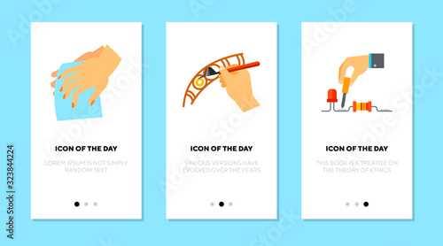 Working with details flat icon set. Profession, tool isolated vector sign pack. Hobby and craftwork concept. Vector illustration symbol elements for web design and apps