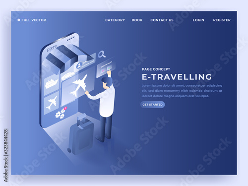 Man ordering online ticket via smartphone in travelling landing page business. 3D isometric vector illustration