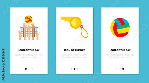 Playing volleyball flat icon set. Beach, team, summer isolated vector sign pack. Sport game and activity concept. Vector illustration symbol elements for web design and apps