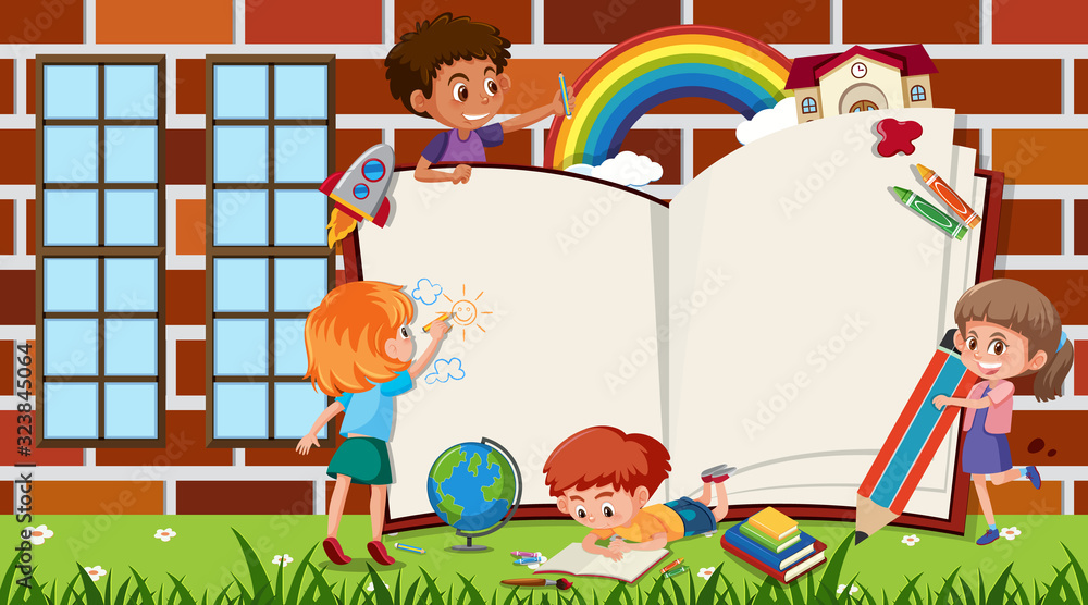 Obraz premium Border template with kids playing in background