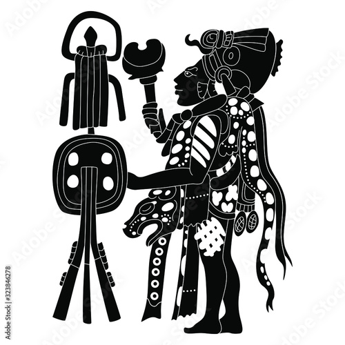 Isolated vector illustration. Mayan man or priest. Tribal art. Native American Indian decor from ancient Mexico. Black and white silhouette.