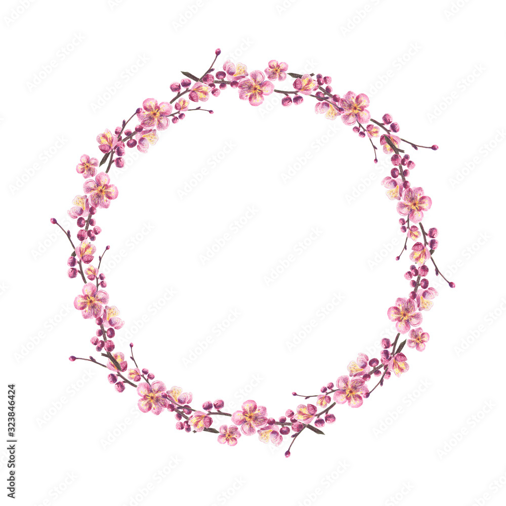 Wreath with spring flowering trees plum on a white background. Drawing in crayons. Wreath with spring flowering trees plum on a white background. Drawing in crayons.