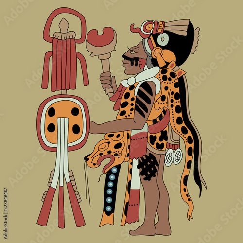Isolated vector illustration. Mayan man or priest. Tribal art. Native American Indian decor from ancient Mexico.