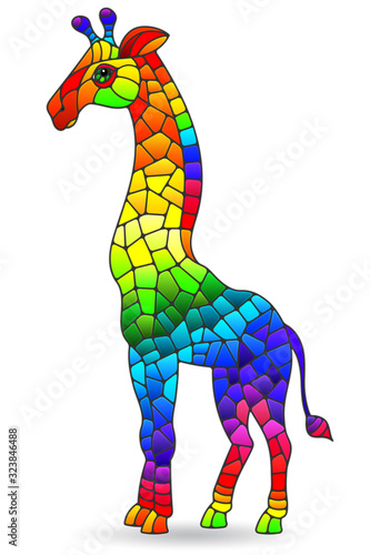Illustration in stained glass style with figure of abstract rainbow giraffes, isolated on a white background © Zagory