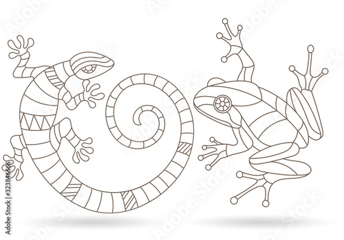 Set of contour illustrations with stained glass elements, lizard and frog, dark outlines on a white background