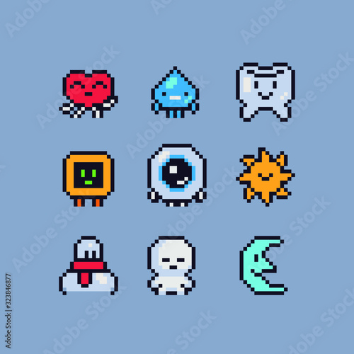 16-Bit Cute abstract creatures characters set, pixel art style icons, tooth, heart, funny snowman, moon and eye, element design for logo, app, web, sticker. Video game sprite. Isolated vector. © thepolovinkin