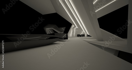 Abstract architectural black and white interior of a modern villa with neon lighting. 3D illustration and rendering.