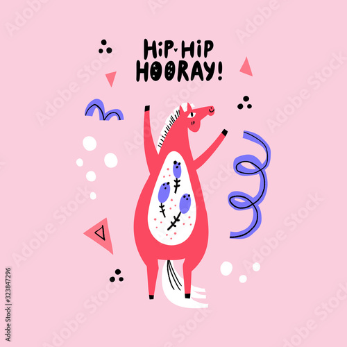Dancing cartoon horse. Stallion rearing. Abstract background. Hand drawing scandinavian style. Hip hip hooray. Handwriting lettering phrase. Racehorse clipart. Hippodrome. Design elements for prints