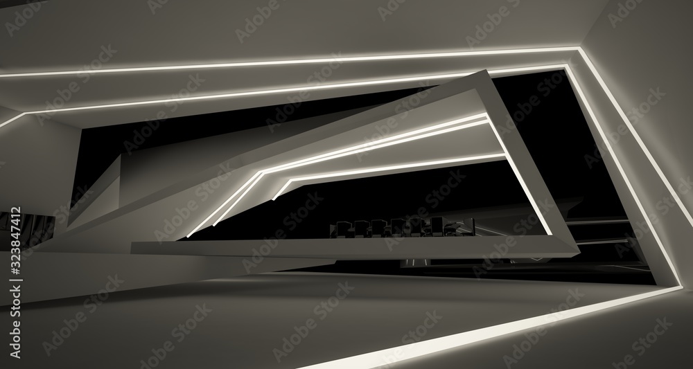 Abstract architectural black and white interior of a modern villa with neon lighting. 3D illustration and rendering. Abstract architectural black and white interior of a modern villa with neon lighting. 3D illustration and rendering.