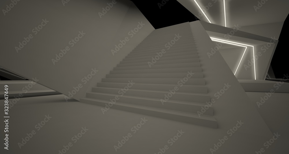 Obraz premium Abstract architectural black and white interior of a modern villa with neon lighting. 3D illustration and rendering.