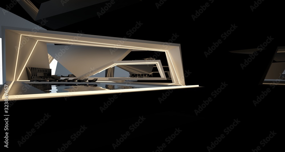 Abstract architectural black and white interior of a modern villa with neon lighting. 3D illustration and rendering. Abstract architectural black and white interior of a modern villa with neon lighting. 3D illustration and rendering.