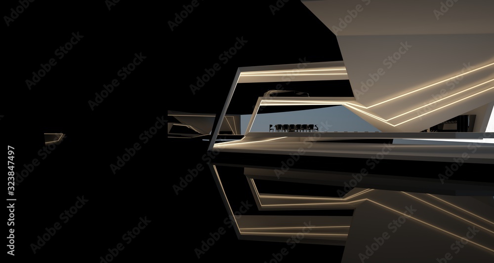 Abstract architectural black and white interior of a modern villa with neon lighting. 3D illustration and rendering. Abstract architectural black and white interior of a modern villa with neon lighting. 3D illustration and rendering.
