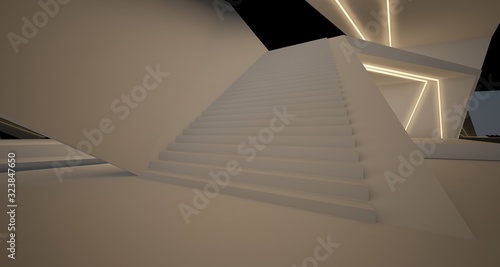 Abstract architectural black and white interior of a modern villa with neon lighting. 3D illustration and rendering.