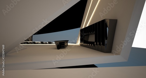 Abstract architectural black and white interior of a modern villa with neon lighting. 3D illustration and rendering.