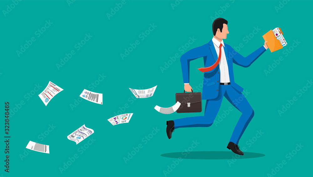 Businessman is fast running with waving necktie and briefcase. Business man rushing hurry to get on time. Time is money. Flat vector illustration