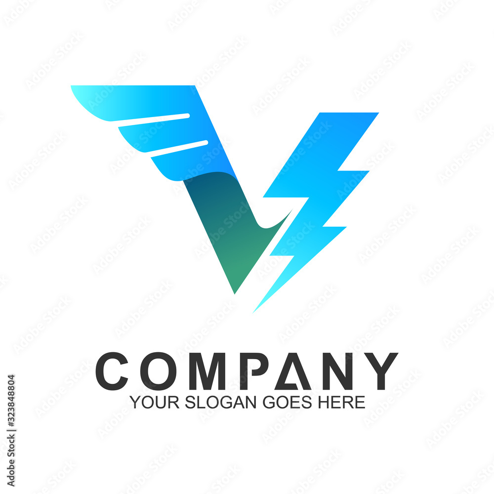 logo of letter V with wing and thunder shape logo of letter V with wing and thunder shape