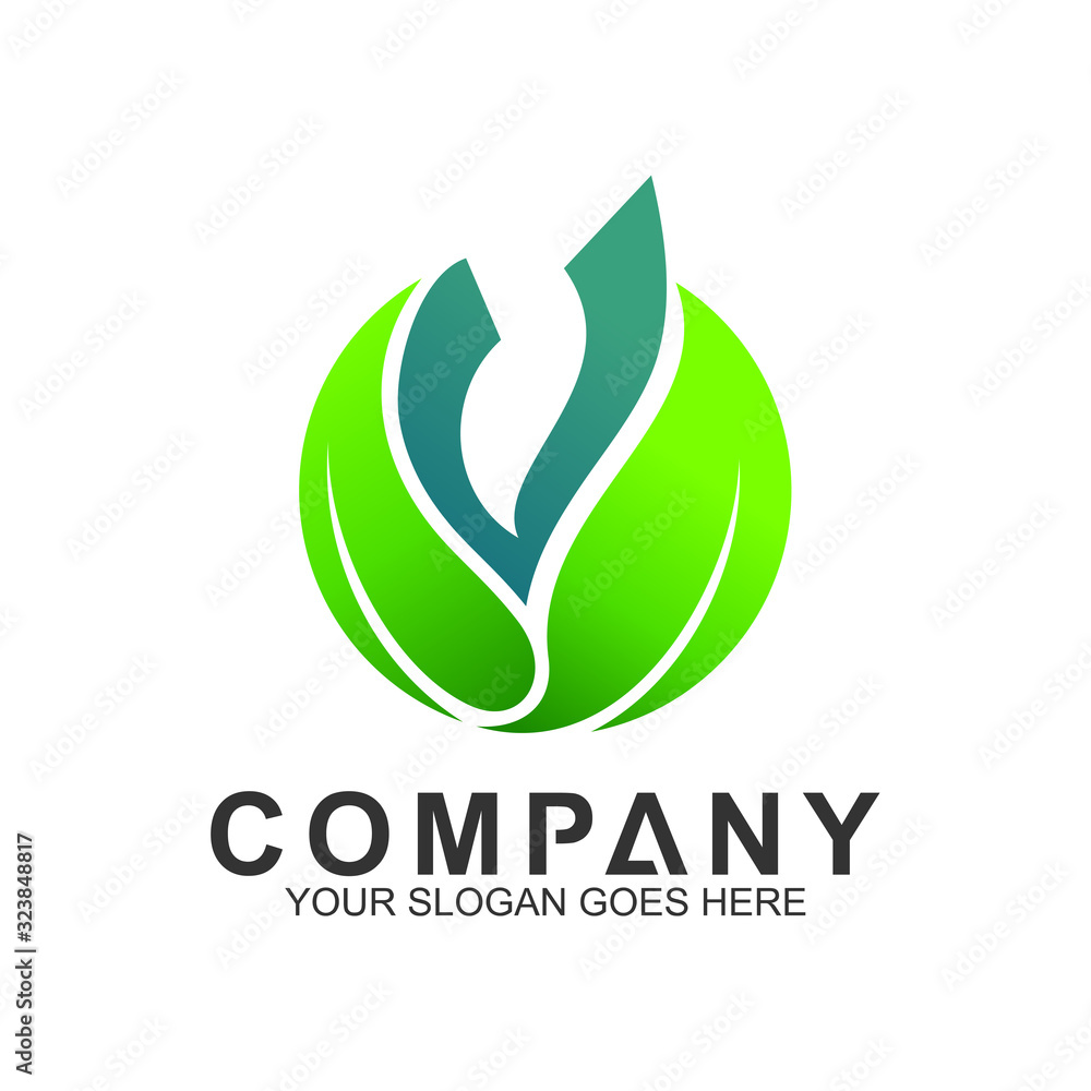 V logo with leaf in circle shape V logo with leaf in circle shape