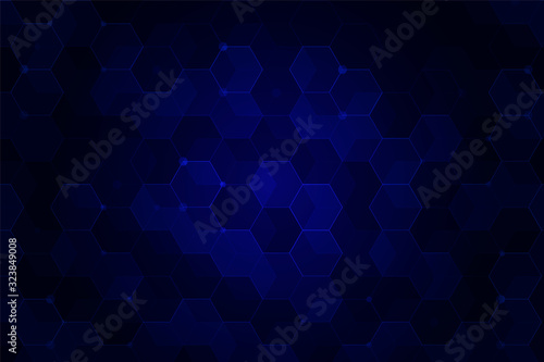 Blue technology and science background, abstract creative design with dot and hexagon shapes on gradient background. Vector.